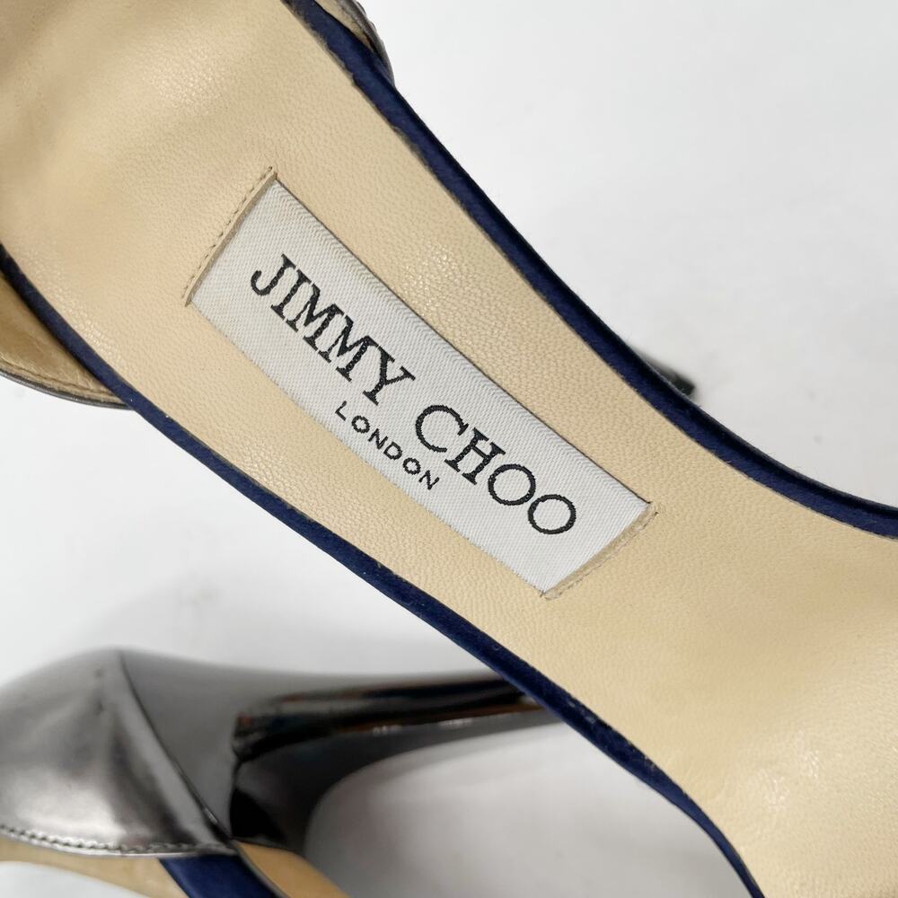 Jimmy Choo Navy Blue and Silver Tulle Ankle-Tie Stiletto Sandals - Picture 14 of 14